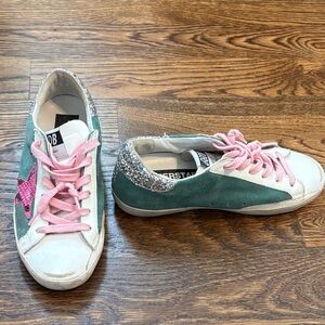 Golden Goose Green and Pink Sneakers with Silver Glitter